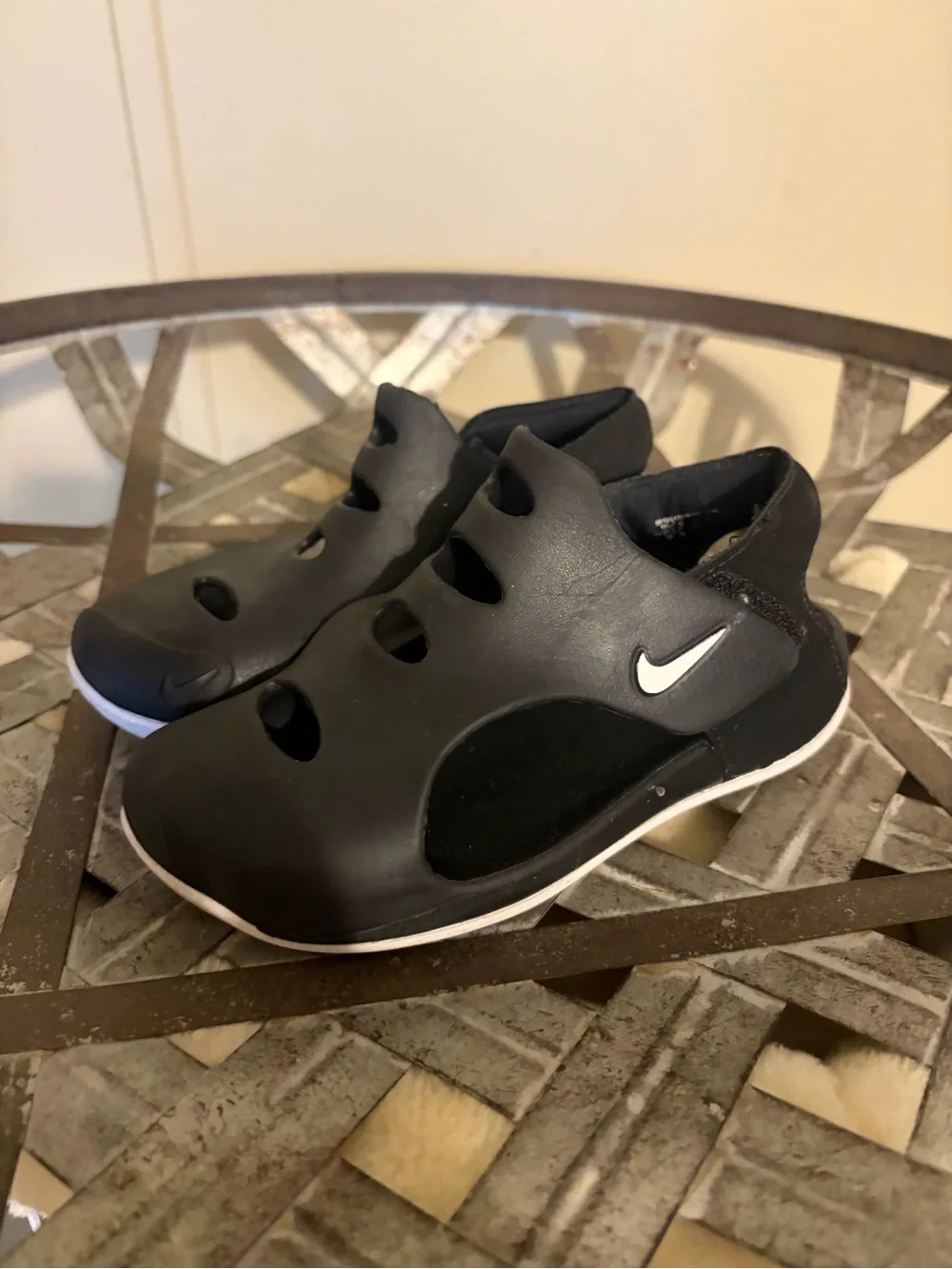 Nike Black Kids Slip-On Cutout Sandals with White Swoosh